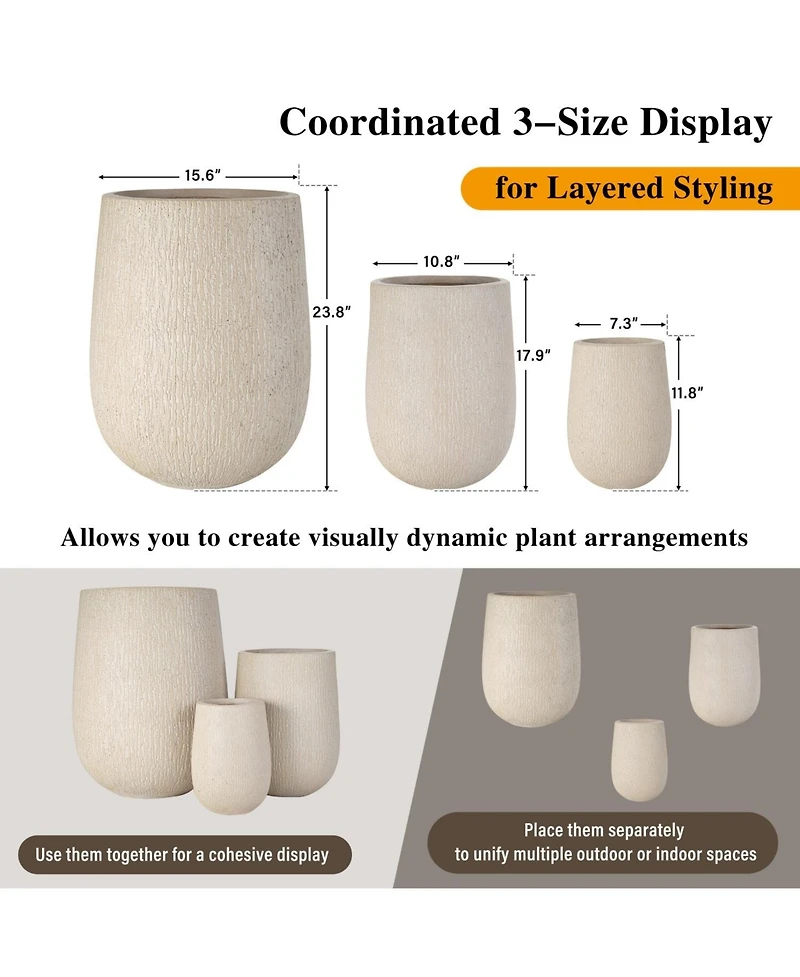 Asagikoiai Egg-Shaped Mgo Outdoor Planter Set of 3, Stone-Look Design