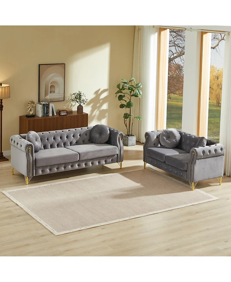 Streamdale Furniture Velvet Chesterfield Sofa with Copper Studs & Tufted Buttons, Metal Legs
