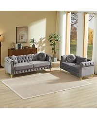 Streamdale Furniture Velvet Chesterfield Sofa with Copper Studs & Tufted Buttons, Metal Legs