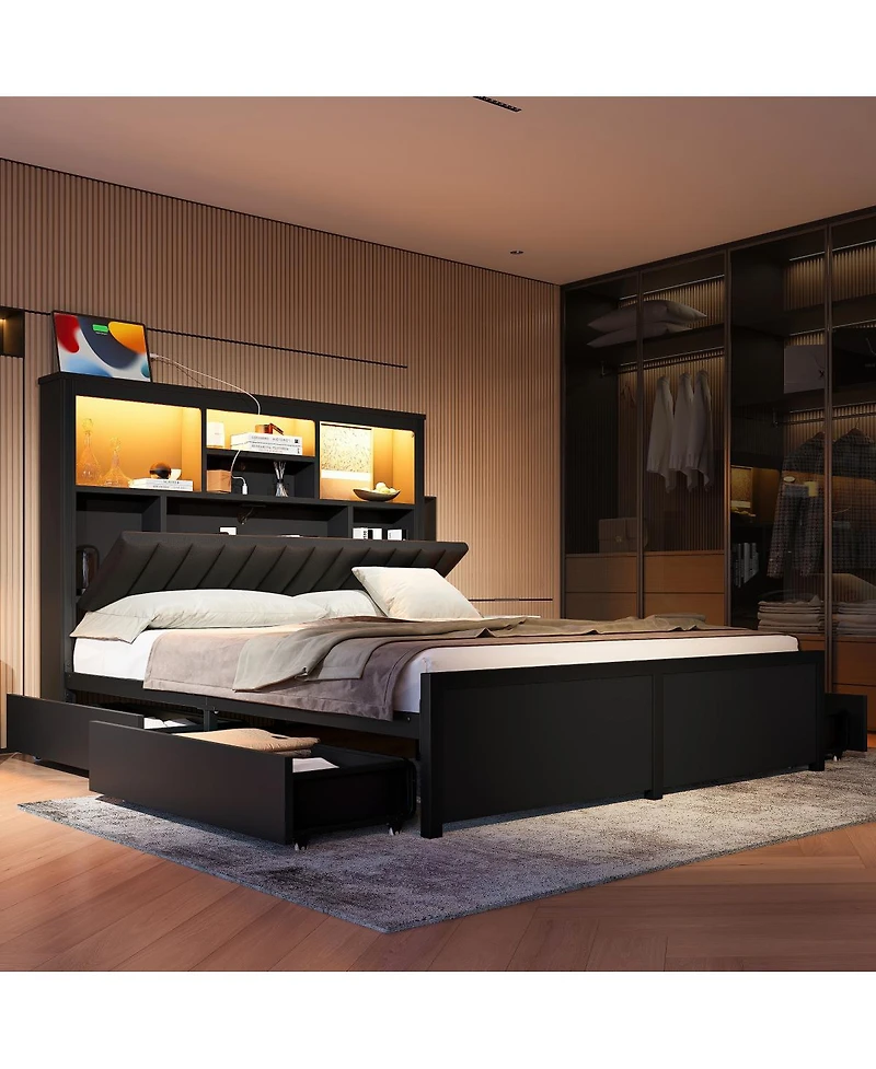 Streamdale Furniture Queen Bed Frame With Storage Headboard, Led, Charging, 4 Drawers