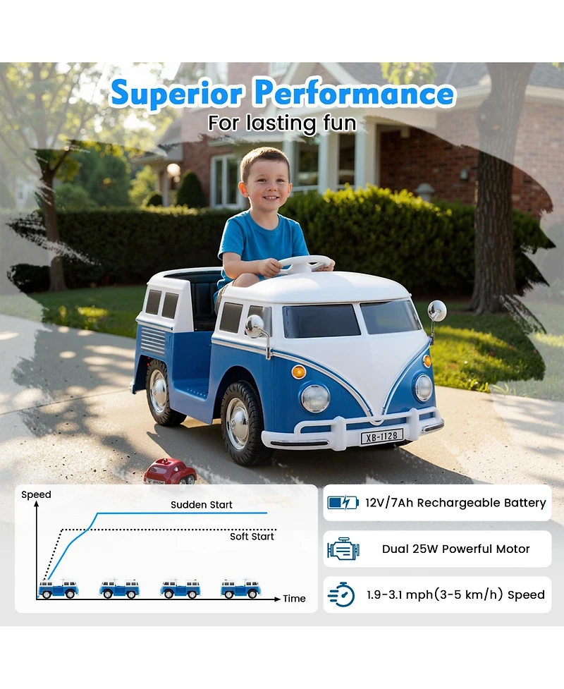 Slickblue 12V Ride On Bus for Kids with Led Lights, Cup Holder and Electric Drive