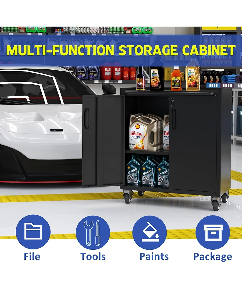 Viyet Heavy-Duty Rolling Metal Cabinet - Lockable 2-Door Tool Storage with Adjustable Shelves