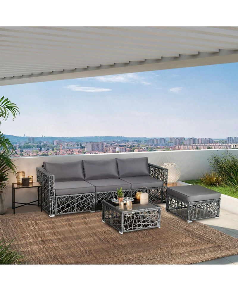 Gouun 5 Piece Outdoor Pe Wicker Sectional Conversation Set with Glass Coffee Table and Ottoman