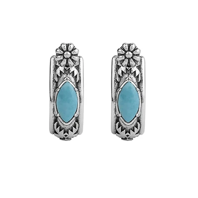 American West Jewelry Sterling Silver Kingman Turquoise Marquise Cut Huggie Hoop Earrings