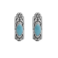 American West Jewelry Sterling Silver Kingman Turquoise Marquise Cut Huggie Hoop Earrings
