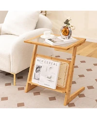 Gymax Z-shaped End Table Glass Top Bamboo Side Table w/ Magazine Rack and Rattan Shelf
