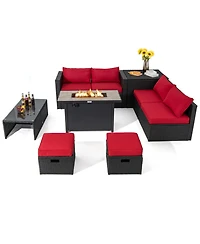 Sugift 9 Pieces Outdoor Pe Rattan Wicker Sectional Sofa with 42 in 60 000 Btu Gas Fire Pit Table