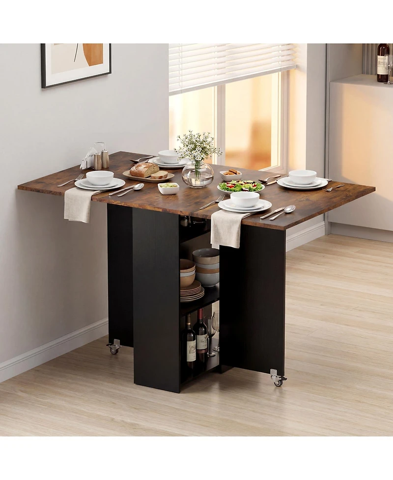 Gymax Folding Dining Table w/2 Open Shelves and Drawer 2 Lockable Universal Wheels