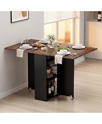 Gymax Folding Dining Table w/2 Open Shelves and Drawer 2 Lockable Universal Wheels