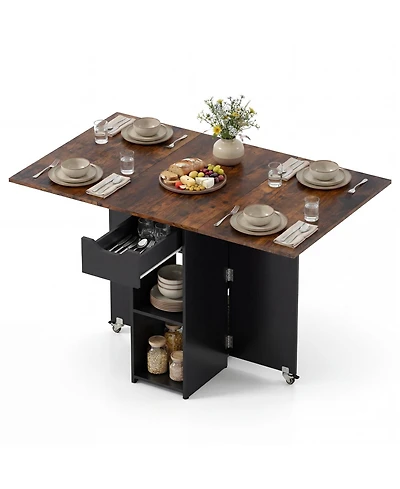 Gymax Folding Dining Table w/2 Open Shelves and Drawer 2 Lockable Universal Wheels