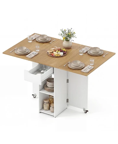 Gymax Folding Dining Table w/2 Open Shelves and Drawer 2 Lockable Universal Wheels