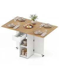 Gymax Folding Dining Table w/2 Open Shelves and Drawer 2 Lockable Universal Wheels