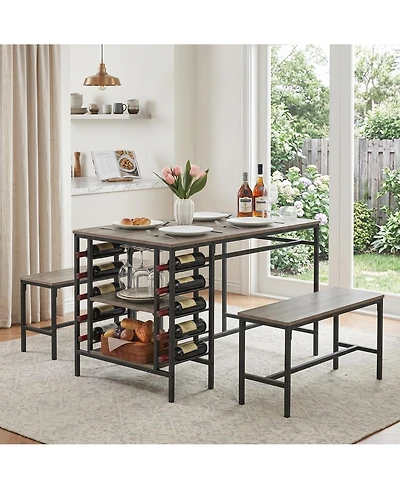 homfan 3 Pcs Dining Table Set with Tuck-In Benches, Wine Bottle Storage, Stemware Holder and Home Bar Set