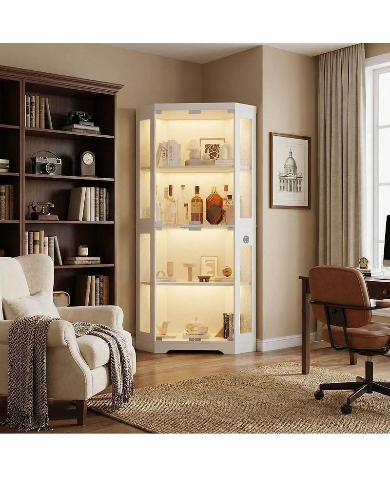 homfan Hexagon Corner Display Cabinet with Tempered Glass Doors, Motion Sensor Led Lighting and Built-In Usb/Usb-c Charging Ports