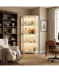 homfan Hexagon Corner Display Cabinet with Tempered Glass Doors, Motion Sensor Led Lighting and Built-In Usb/Usb-c Charging Ports
