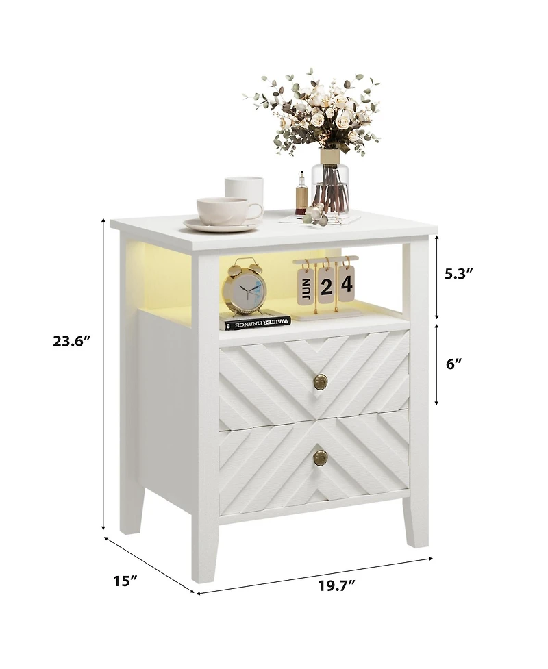 homfan Farmhouse Led Nightstand with 2 Drawers, V-shaped Design and Open Shelf, Rustic Bedside Table for Bedroom