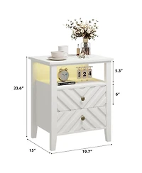 homfan Farmhouse Led Nightstand with 2 Drawers, V-shaped Design and Open Shelf, Rustic Bedside Table for Bedroom