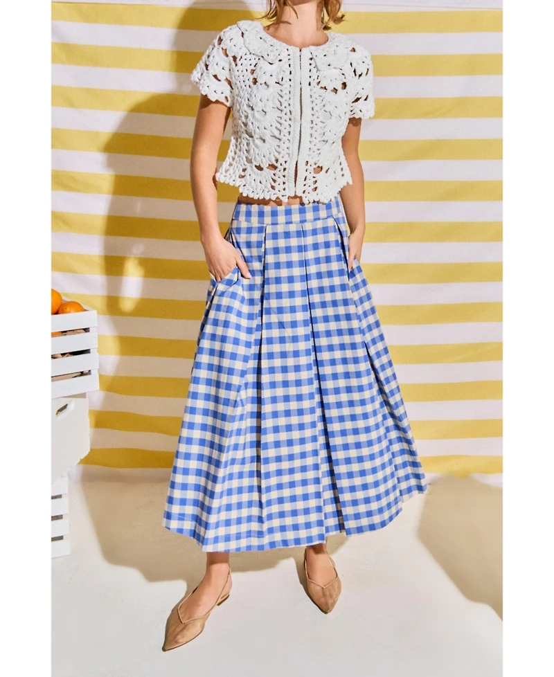 English Factory Women's Linen Checked Midi Full Skirt