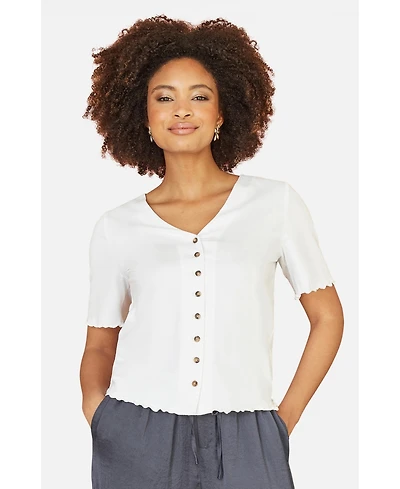 Yumi Women's Cotton Button Detail T-Shirt