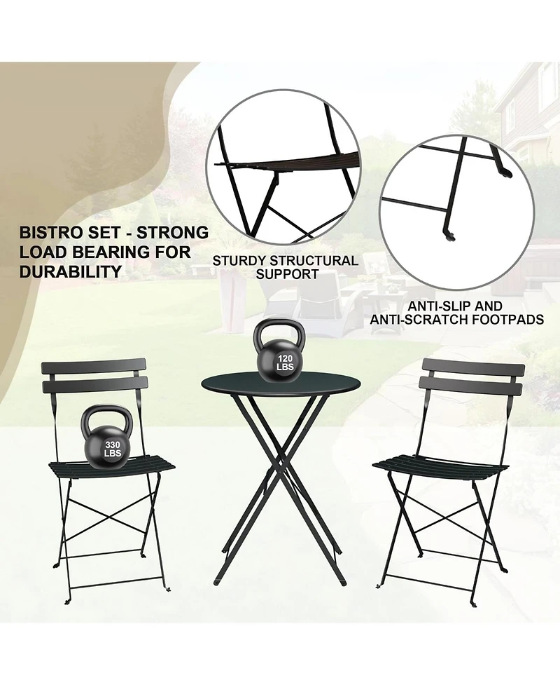 GarveeLife 3-Piece Outdoor Folding Bistro Set with 2 Chairs and Table, Weather-Resistant Steel Patio Furniture for Balcony or Porch