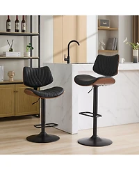 Clihome Walnut Bentwood Bar Stools Mid Century Modern Adjustable Counter Height Black Leather Upholstered 360degree(s)Swivel of 2