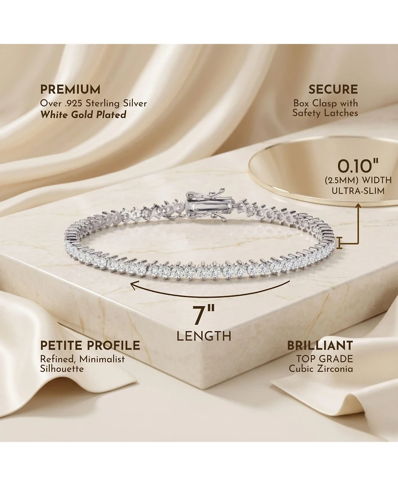 Sterling Silver White Gold Plated Clear Round Cubic Zirconia Tennis Bracelet
