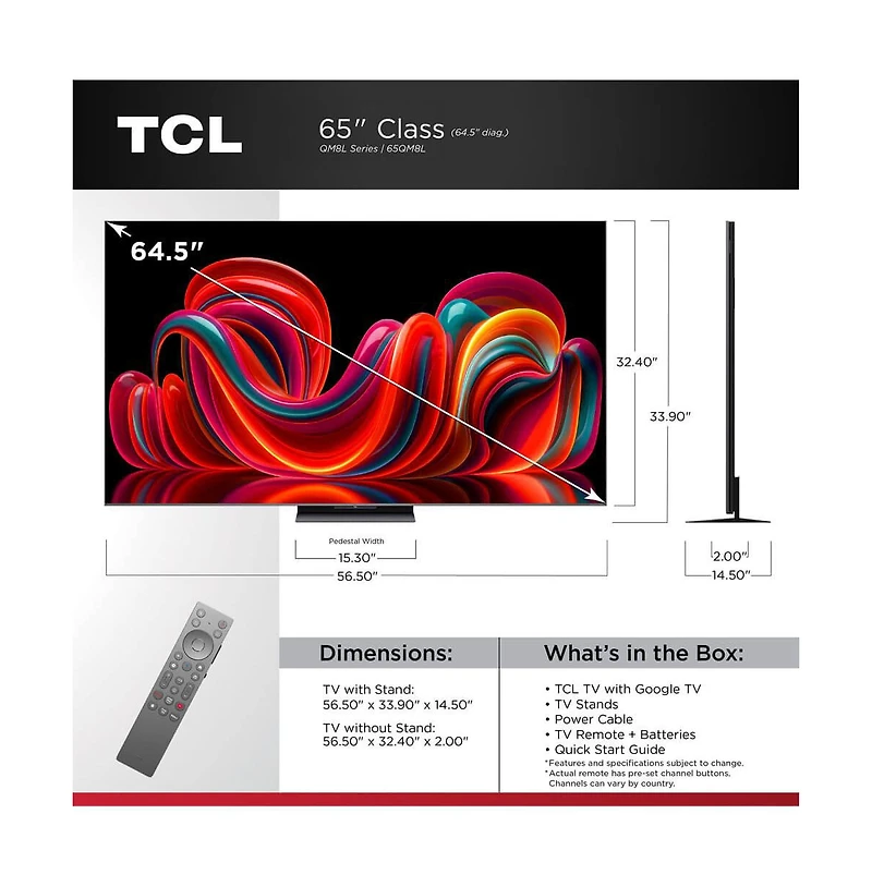 Tcl 65" QM8L Series 4K Mini Led Smart Google Tv Dolby Vision Hdr 144Hz Gaming - 65QM8L