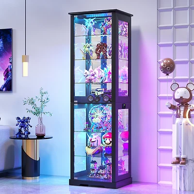 Vlsrka 70'' Tall Glass Display Cabinet with Rgb Sensor Lights and Multi-Tier Shelves
