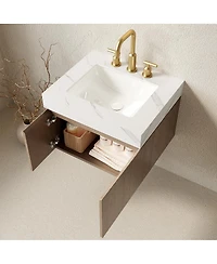 Sillysis Wall Mounted Bathroom Vanity, Carrara Sintered Stone Top, 3-Hole Ceramic Sink, Soft Close Cabinet