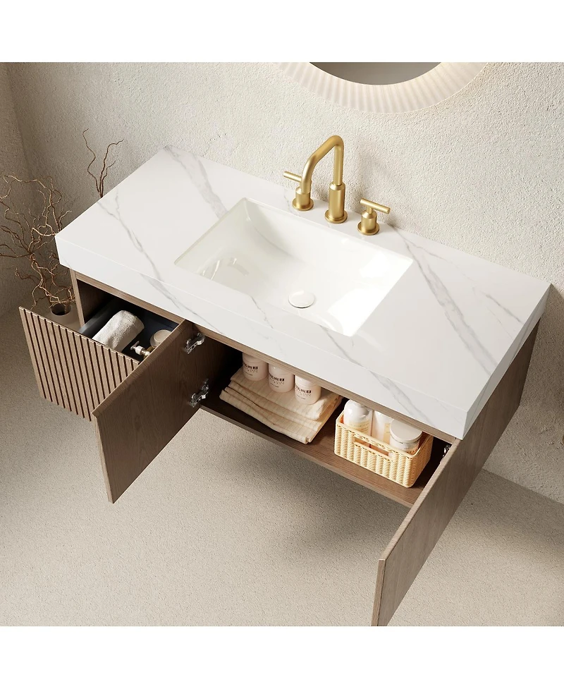 Sillysis Wall Mounted Bathroom Vanity, Carrara Sintered Stone Top, 3-Hole Ceramic Sink, Soft Close Cabinet