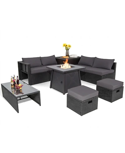 Sugift 9 Piece Weatherproof Rattan Conversation Set with 30 in Propane Fire Pit Table and Dust Covers