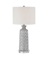 360 Lighting Patrick Modern Coastal Table Lamp with Round Riser 27 1/4" Tall Gray White Wash Ceramic Drum Fabric Shade for Bedroom Living Room Home