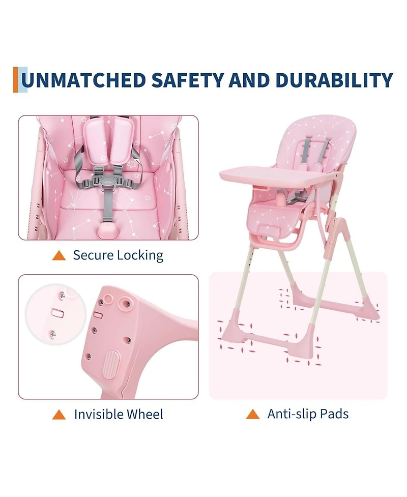 gaomon Baby High Chair, Foldable Feeding Chairs for Babies and Toddlers, Adjustable Height/Backrest/Footrest, Removable Tray, Fast Folding