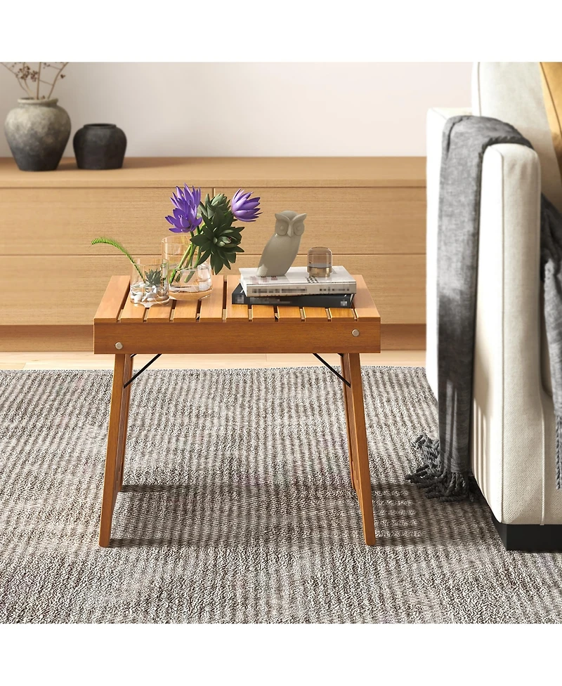 Gymax 2 pieces Outdoor Folding Side Table Patio Acacia Wood End Table with Slatted Tabletop
