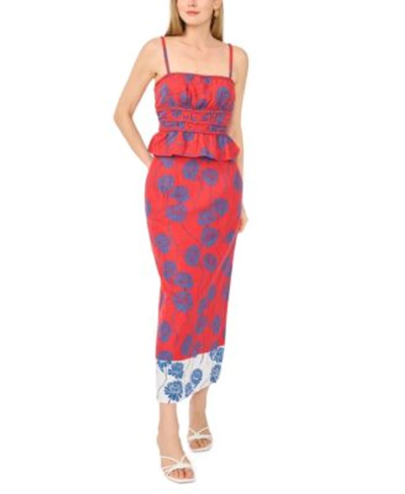 1.State Womens Smocked Bodice Top Printed Midi Skirt