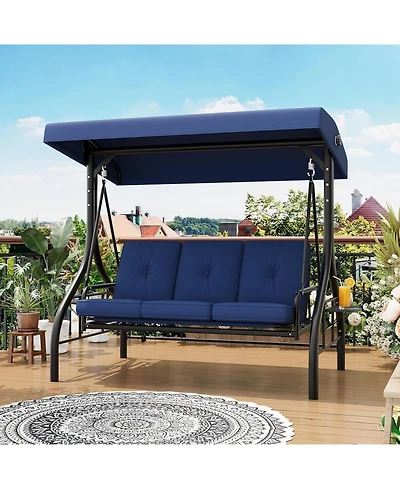 GarveeLife 3-Person Outdoor Swing Chair with Adjustable Canopy, Convertible Swing Bed, Soft Cushions, Cup Holders, All-Weather Steel Frame
