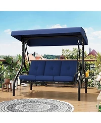 GarveeLife 3-Person Outdoor Swing Chair with Adjustable Canopy, Convertible Swing Bed, Soft Cushions, Cup Holders, All-Weather Steel Frame