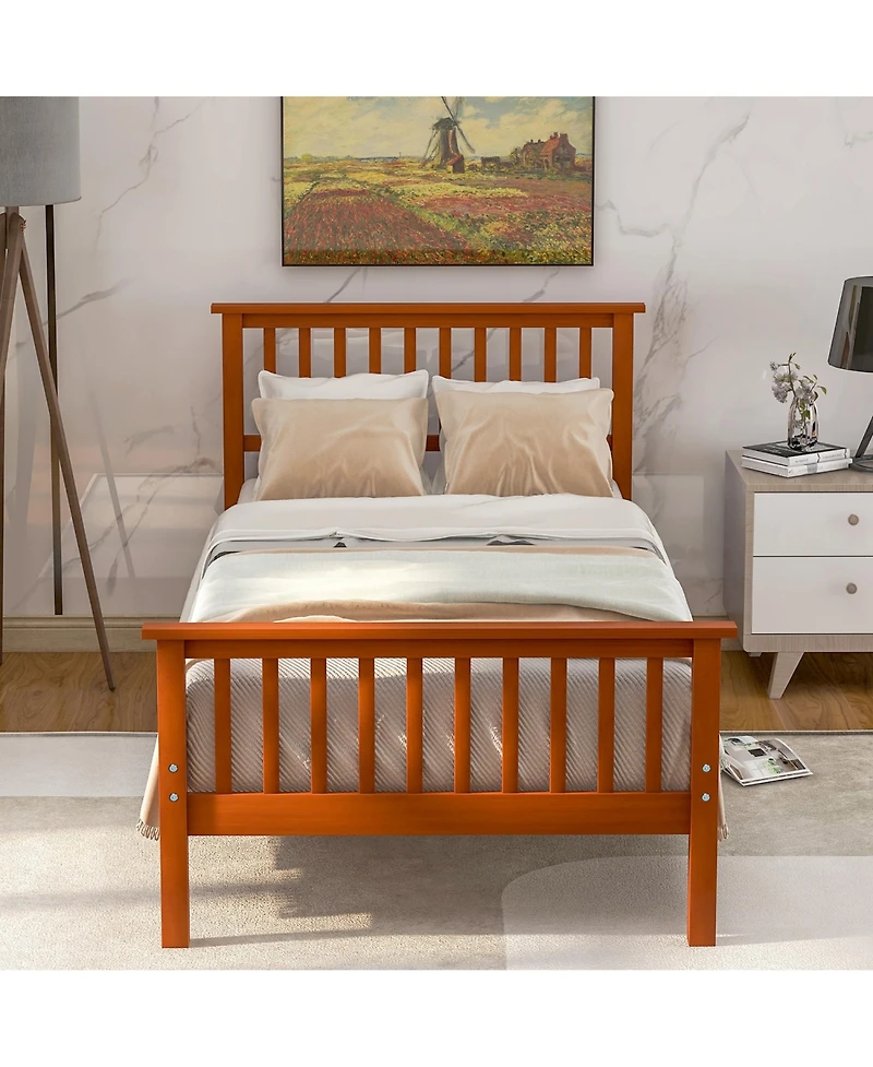 Rainsken Wood Bed Frame, Twin Size Platform Bed with Headboard and Footboard, 275 lbs Capacity for Bedroom, No Box Spring Need