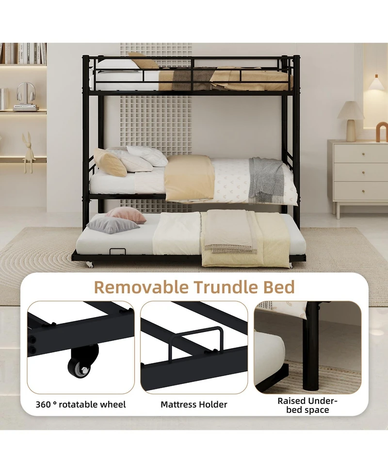 Rainsken Metal Twin Over Twin Bunk Bed with Trundle, Sturdy Heavy Duty Bunk Bed, with Ladders and Safety Guardrail, Noise Reduced,No Box Spring Needed