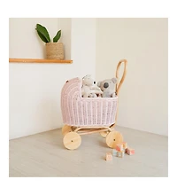 Momiji Colette Handcrafted Rattan Doll Stroller with Wooden Wheels and Toy Mattress