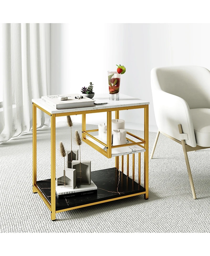 Gymax End Table 3-Tier Faux Marble Side Table Storage Shelves Luxury Rectangular Sofa Side Table