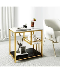 Gymax End Table 3-Tier Faux Marble Side Table Storage Shelves Luxury Rectangular Sofa Side Table