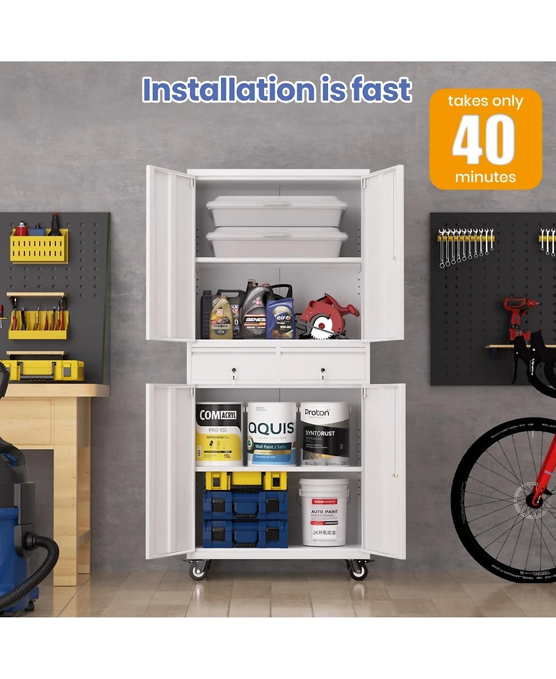 Gaomon 73" Heavy Duty Metal Storage Cabinet with Wheels, Locking Doors and 2 Drawers for Garage, Workshop, Office