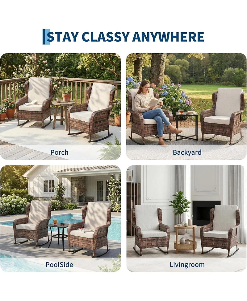 GarveeLife Outdoor Resin Wicker Rocking Chair with Cushions, All-Weather Patio Rocker for Porch, Deck, Garden or Balcony