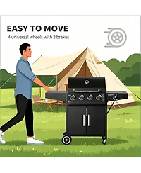 Yiortwo 4+1 Burner Liquid Propane Gas Grill with Side Burner, Wheels and Storage Cabinet