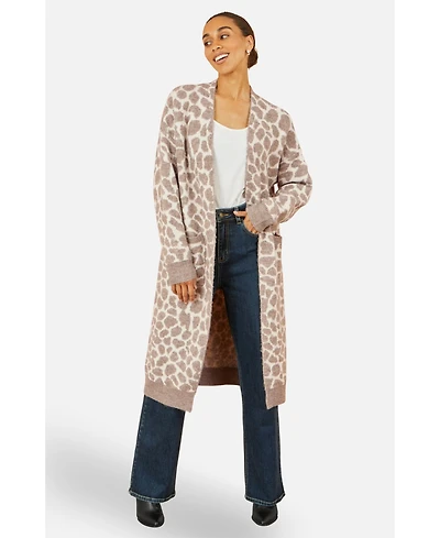 Yumi Women's Animal Print Intarsia Long Cardigan