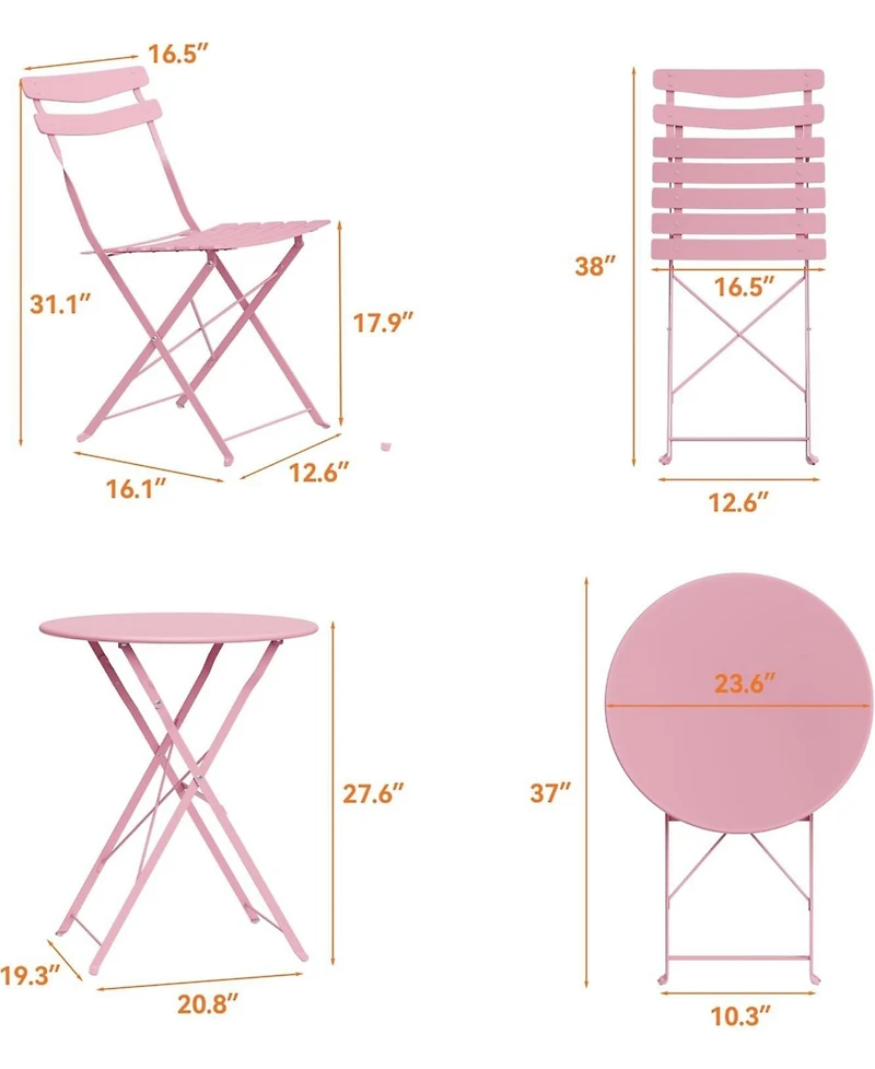 GarveeLife 3-Piece Folding Patio Bistro Set, Metal Outdoor Table and 2 Chairs, Space-Saving Compact Design for Balcony, Garden, Yard