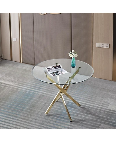 flynama 36" Round Clear Tempered Glass Dining Table with Gold Stainless Steel Legs
