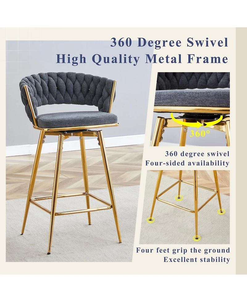 Rainsken Swivel Bar Stools Set of 2, with Linen Fabric Cushion, Rust-Resistant Electroplated Metal Frame, for Kitchen Island, Home