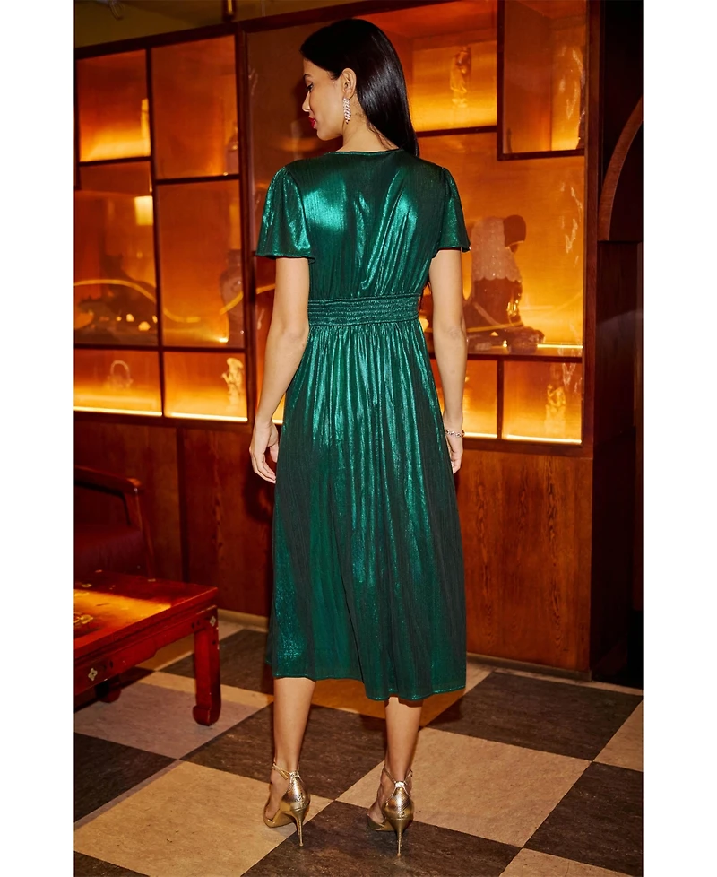 Yumi Women's Metallic Ruched Midi Dress